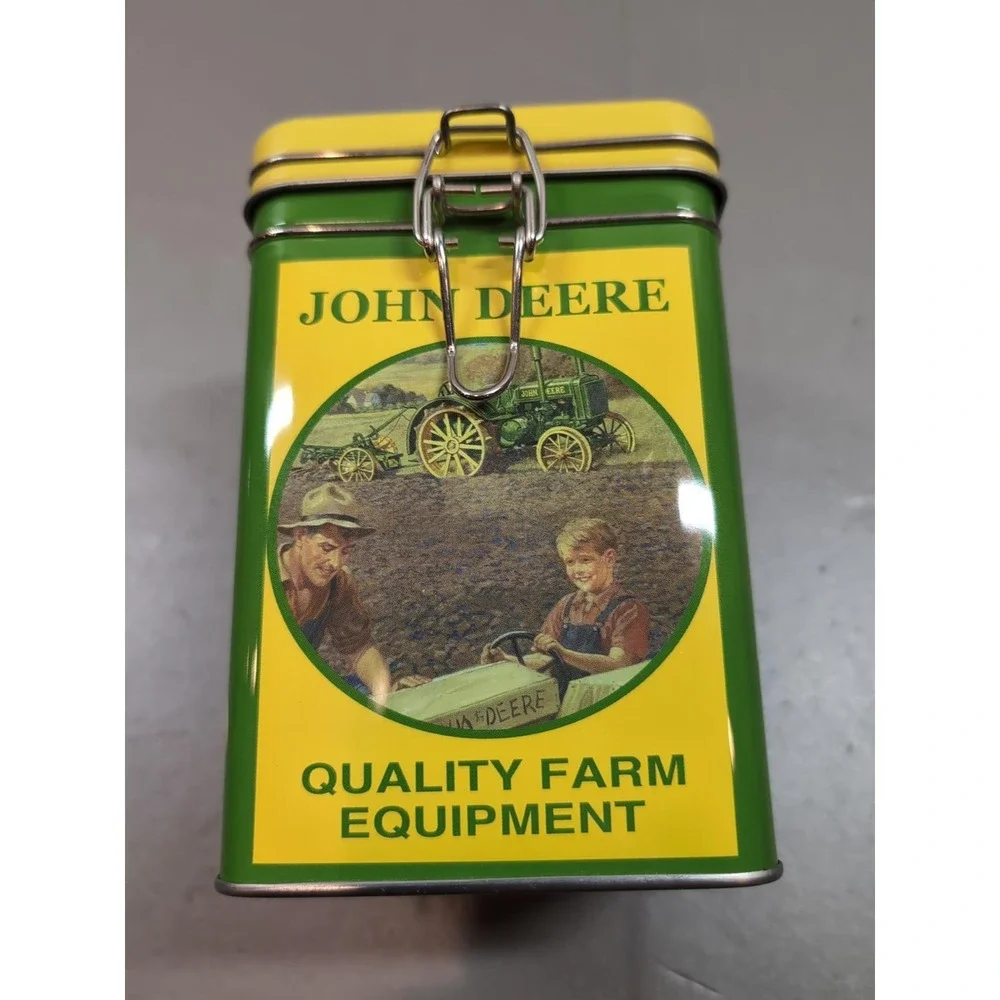 John Deere Metal Tin Box Collectible Storage Latch Lid Green Yellow 7.5 inch